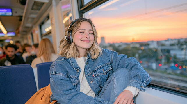 Elegant woman in casual travel clothing wearing headphones while staring through a train window at sunset, warm orange and pink sky reflected in the glass, blurred urban scenery passing outside, ano