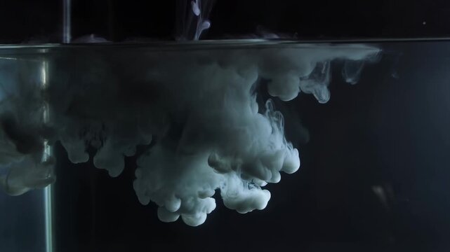 Ink clouds diffuse and billow underwater in a dark reflective tank. Cinematic transitions, science education, and fluid dynamics presentations.