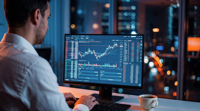 Bank clerk is sitting at his desk, typing on the computer keyboard, with stock market data on the screen. Research, analyzing markets, corporate business, financial advisor, accounting, employee.