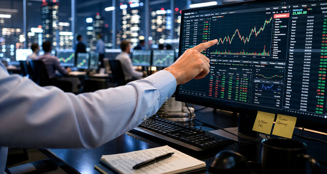 Trader sits in front of his desk in the office and points with the finger computer screen with stock market chart.  Trading room, investment banking, research, analyzing, business finance.