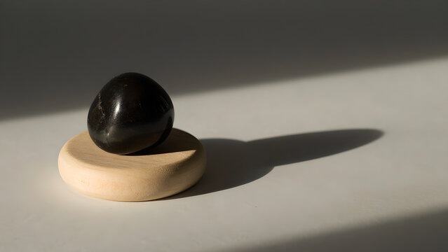 Minimalist still life of a smooth, dark, egg-shaped stone on a light circular pedestal, dramatically lit by natural sunlight casting a long, sharp shadow