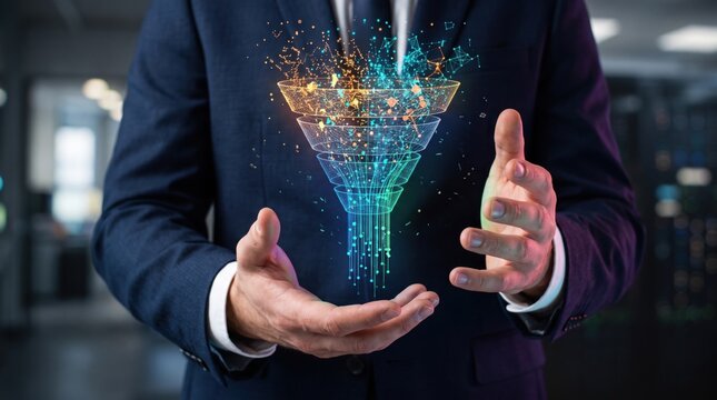 Businessman holding digital data funnel with glowing particles