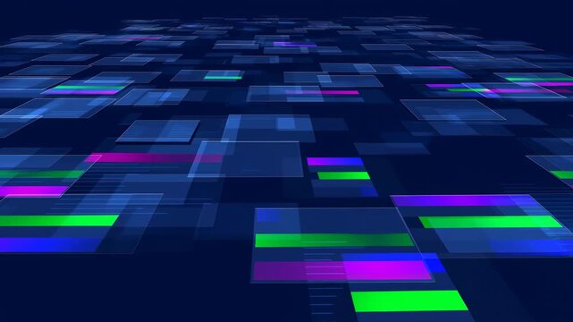 Glowing abstract digital grid with shifting neon rectangles in futuristic space. Technology presentations, software promotion, and cybersecurity media.
