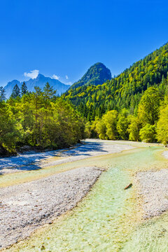 Pisnica River near Kranjska Gora, Slovenia &ndash; Clear Alpine River and Forested Julian Alps