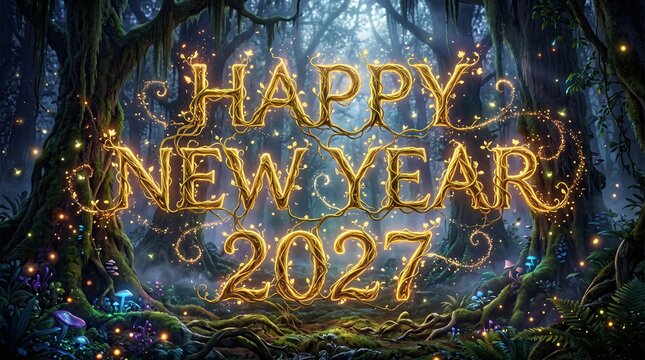 Happy New Year 2027 greeting card design with glowing golden text and fairy lights in a magical fantasy forest background with enchanted trees and mystical glowing particles