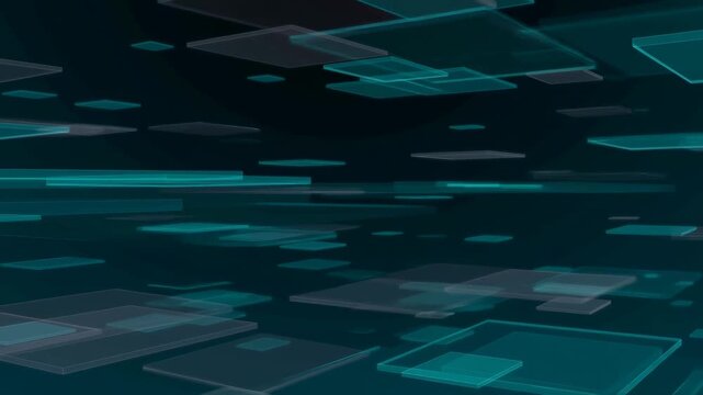 Floating translucent panels drift through a dark digital space. Technology presentations, software advertising, and data analytics media.