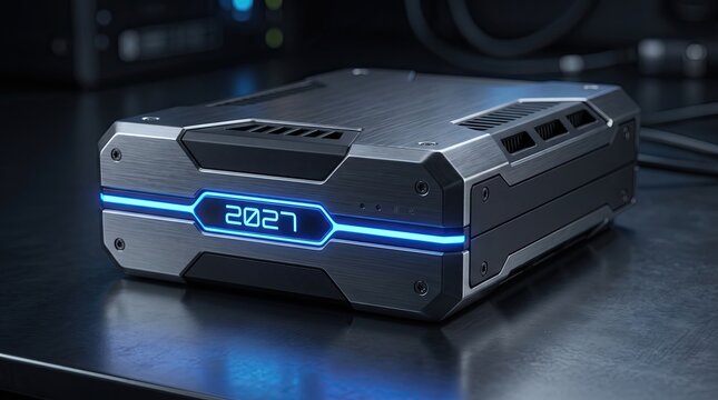 Futuristic electronic device with glowing blue LED light line and digital display on a dark metallic workbench surface in a modern technology laboratory
