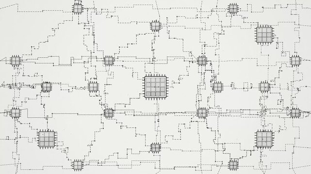 Abstract electronic circuit board background illustration with complex microchips and data connections