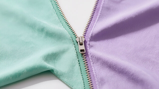 mint green and lavender fabric halves joined by a metal zipper, close up textile detail on a white background with soft shadows, conceptual merger and unity of two companies concept