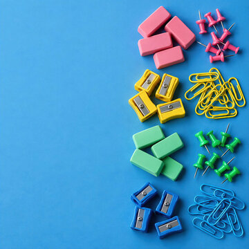 Colorful erasers, pencil sharpeners, push pins, paper clips sorted with color in pink, yellow, green, blue groups on blue background