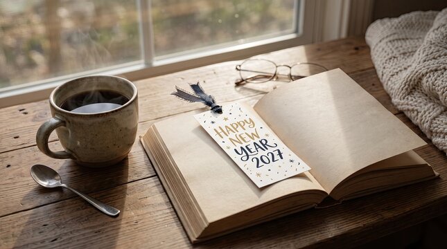 Cozy winter morning scene with an open book, a cup of hot coffee, reading glasses, and a New Year greeting bookmark resting on a rustic wooden windowsill