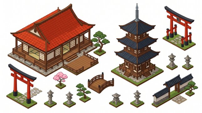 Isometric illustration of traditional Japanese feudal architecture