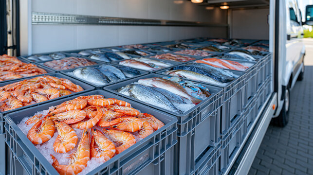Wide-angle view into a refrigerated cargo van with rows of gray plastic containers holding fresh seafood on ice, visible shrimp and different varieties of fish, systematic organization for perishabl