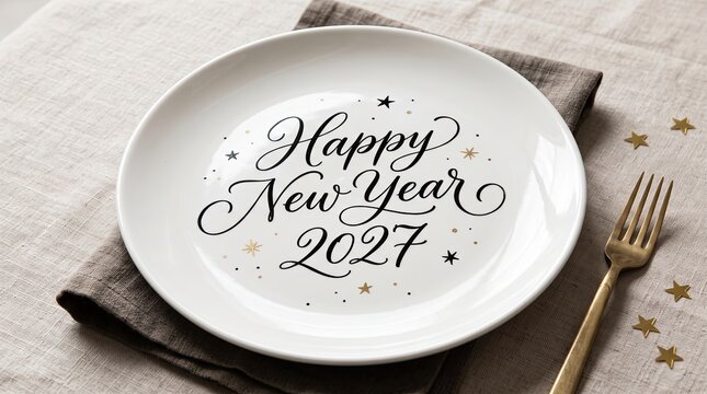 Happy New Year 2027 message on a white plate with cutlery and decorative stars on a festive table setting for winter holiday celebration dinner
