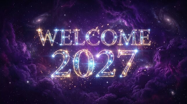 Welcome 2027 new year celebration background with sparkling glowing stars and cosmic galaxy nebula in deep purple space