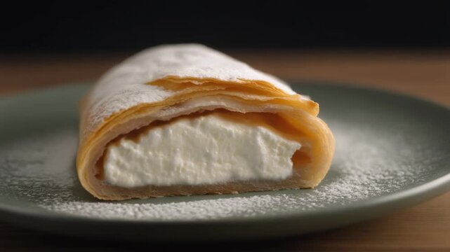 Austrian curd strudel on a plate. Traditional sweet pastry dessert with creamy white cheese filling.