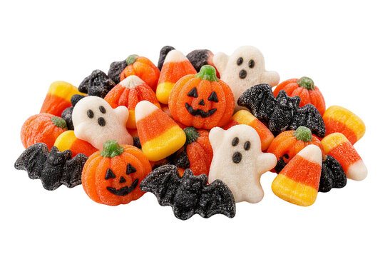 Halloween gummy candies mix isolated on white transparent background, spooky treats pile, PNG