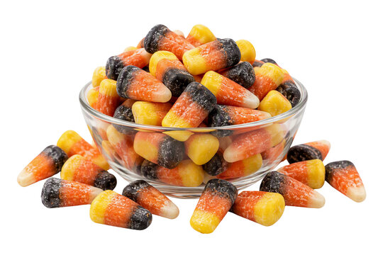 Candy corn in a glass bowl isolated on white transparent background, Halloween sweet treats, PNG