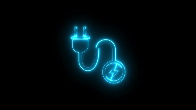 Power charge icon with electric plug and lightning bolt neon glowing animation on black background. Lightning bolt electric plug animation for charging supply, energy, power