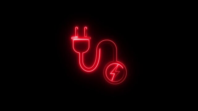 Power charge icon with electric plug and lightning bolt neon glowing animation on black background. Lightning bolt electric plug animation for charging supply, energy, power