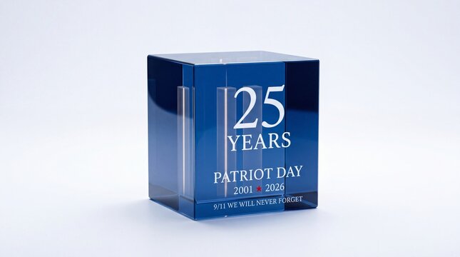 25th Anniversary Patriot Day Memorial Blue Crystal Cube, 9/11 We Will Never Forget Remembrance Trophy Isolated on White Background, Commemorative 2001 to 2026 September 11 Anniversary Award