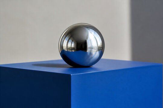 A highly polished chrome sphere rests on a vibrant blue geometric pedestal against a neutral background.