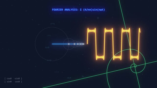 Scientific Fourier Analysis Visualization of Square Wave Mathematical Signals and Geometric Frequencies on Dark Digital Interface