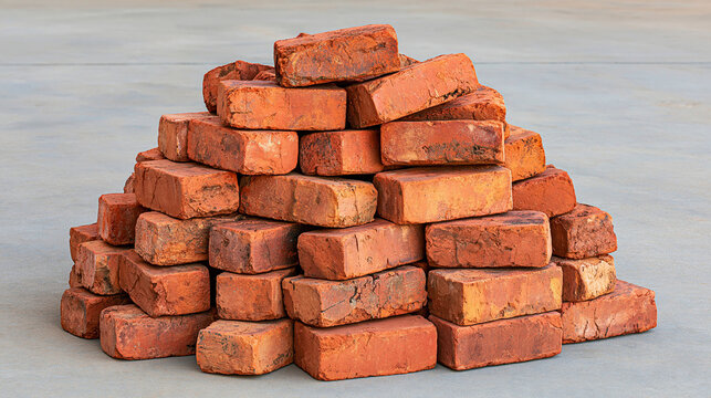 Mixed pile of old weathered clay bricks and pristine new red bricks placed on a gray concrete floor, visible cracks, stains and natural imperfections on the aged pieces, clean surfaces on the new br