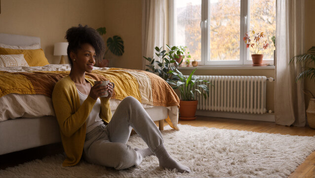 Cozy autumn lifestyle woman relaxing with hot drink in a warm cozy bedroom on an autumn rainy day.