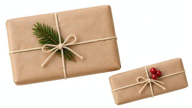 Two rustic christmas giftbox packages wrapped in brown paper with natural decor