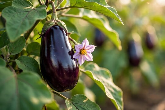Fresh ripe eggplant hanging on a plant with a beautiful purple flower in a sunny garden