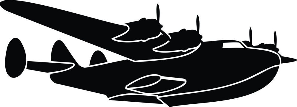 Black silhouette of a twin-engine flying boat seaplane with white outlines aircraft airplane twin engine