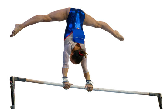 Female gymnast performing straddle split kip handstand on uneven bars