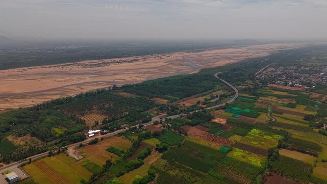 Aerial view of Kaveri river system as it flows through rural Karnataka