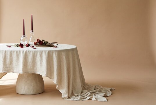 Minimalist Round Table with Burgundy Candle and Elegant Neutral Styling