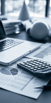 Financial reports with laptop and calculator on office desk for audit, compliance, accounting review, document verification, internal control with copy space.