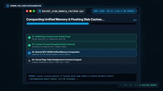 Computer screen showing a deep memory defragmentation tool optimizing RAM and reclaiming system resources.