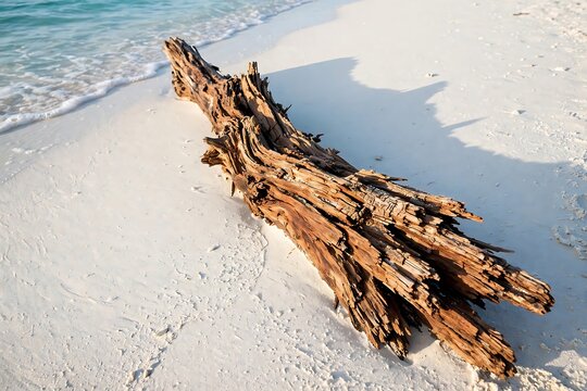 Old piece of driftwood on the white sandy beach by the sea, maldives
