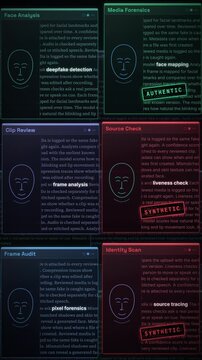 AI deepfake detection software interface scanning video frames for synthetic media and face verification.