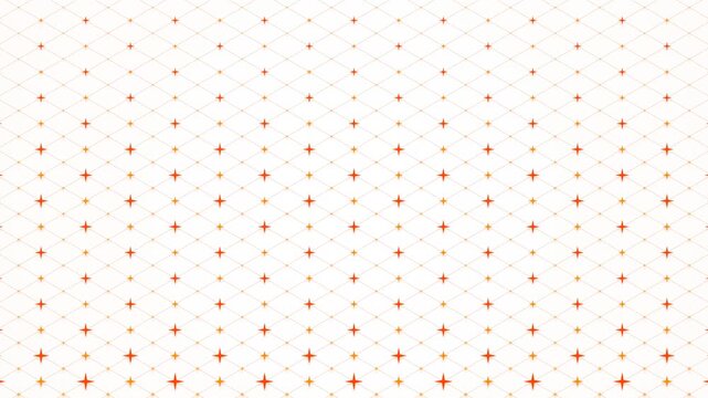 Abstract geometric grid background with twinkling orange starburst crosses on diagonal perspective mesh lines. Seamless motion loop ideal for modern architecture and engineering videos.