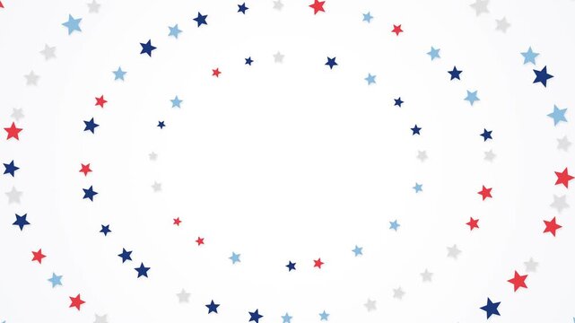 American patriotic background with rotating concentric rings of red, white, and blue stars framing oval copy space. Seamless loop ideal for US election and holiday videos.
