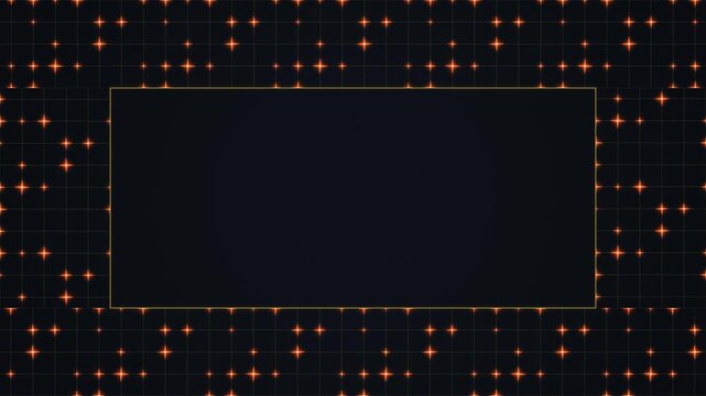 Abstract dark grid background framed by glowing orange cross stars around a rectangular copy space. Seamless motion loop ideal for technology, architecture, and cyber HUD videos.