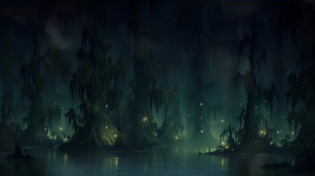 Glowing fireflies floating over dark water in a spooky mystical swamp at night. Fantasy looping wallpaper background