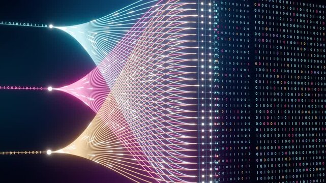 Glowing neural network strands with cyan, magenta, and gold light pulses converging into a dynamic binary data matrix