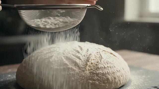 Close-up slow motion of a baker sifting white flour through a metal sieve over raw scored sourdough bread dough with a decorative leaf pattern in a kitchen. 