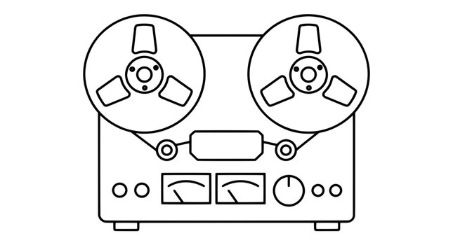 Black outline vector icon of a reel to reel tape deck with twin large spools, central head cover and meter bridge, drawn with medium black lines in frontal composition evoking vintage studio gear