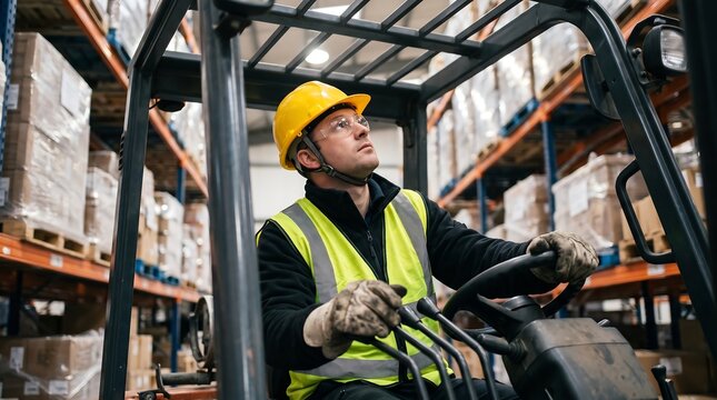 Warehouse Worker Operating Forklift in Distribution Center