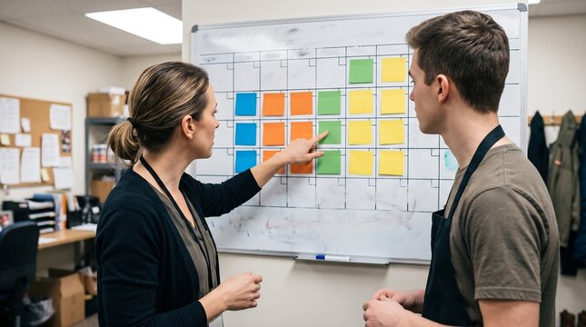Retail Manager and Employee Reviewing Work Schedule on Whiteboard