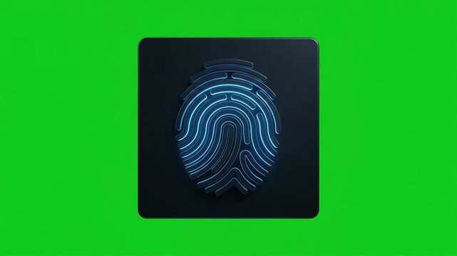 3D animation of a fingerprint scanner pad with a glowing blue light beam scanning across the icon on a green screen background, representing biometric security and authentication.