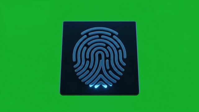 3D animation of a fingerprint scanner pad with a glowing blue light beam scanning across the icon on a green screen background, representing biometric security and authentication. 